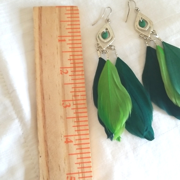 Silver Green Feather Earrings - Picture 4 of 4